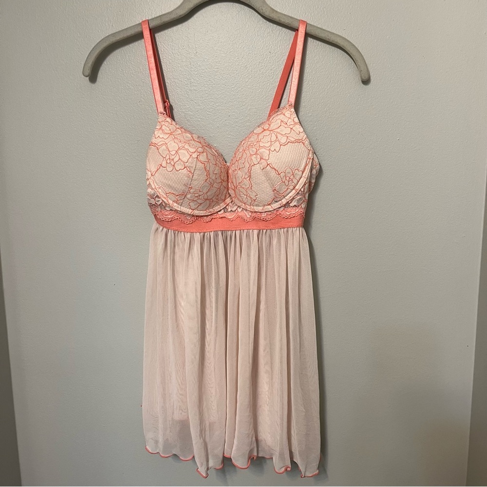 Night gown pink push up lacy sheer mini night gown lingerie‎ woman’s S nightie